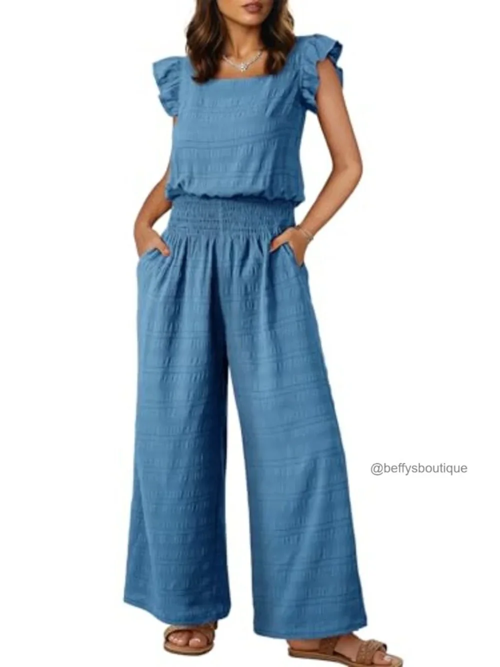 Casual Loose Overalls Jumpsuits One Piece Short Sleeve Wide Leg Smocked Waisted